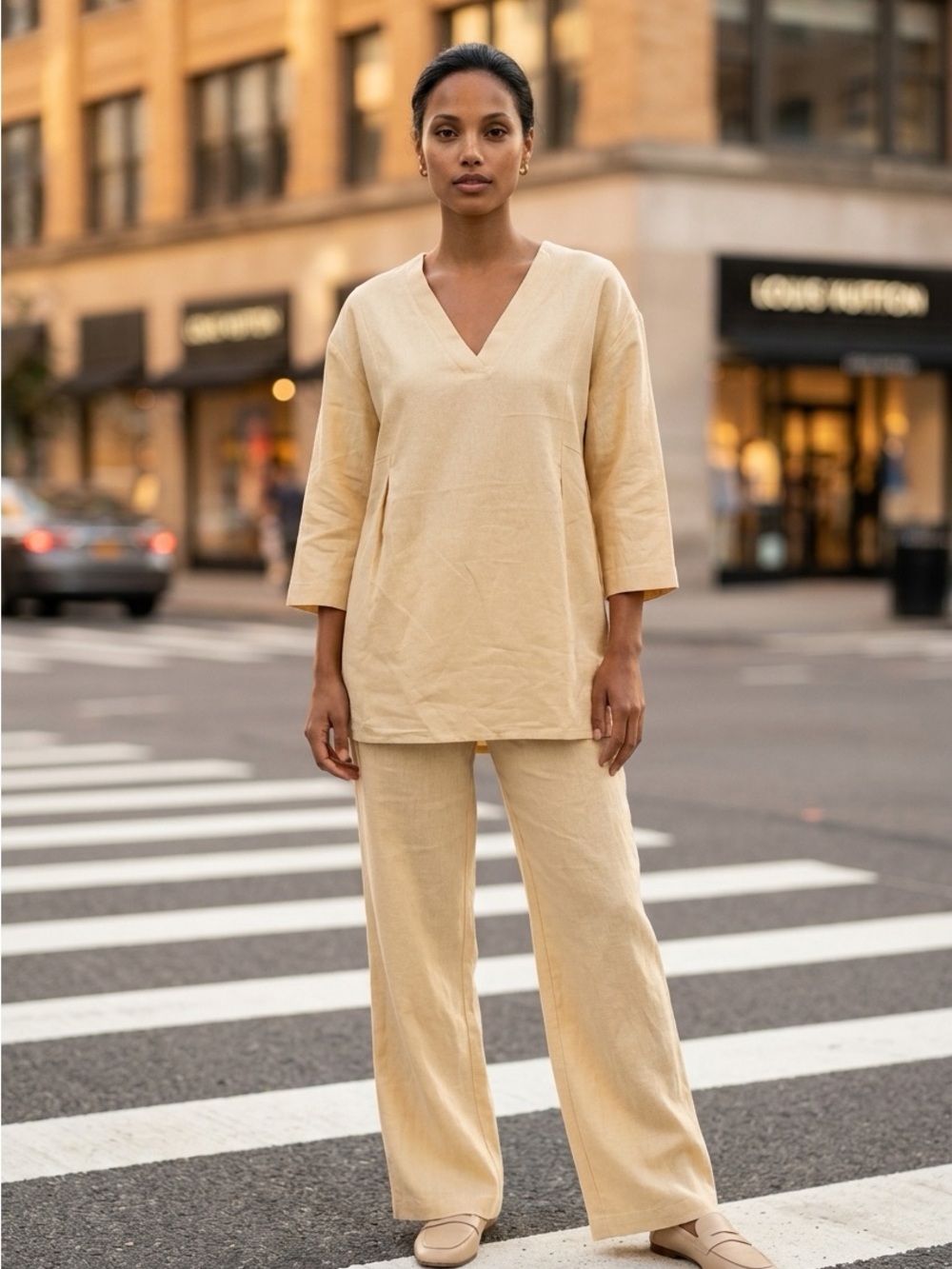 Anne Klein Beige Women’s Small Linen Blend V-Neck Blouse 3/4 Sleeve Pleated Top